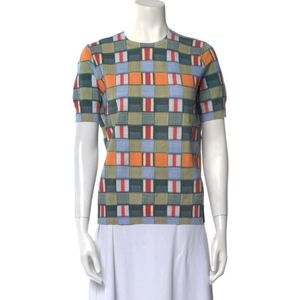 Tory Burch Orange and Blue Short Sleeve Tee with Geometric Pattern